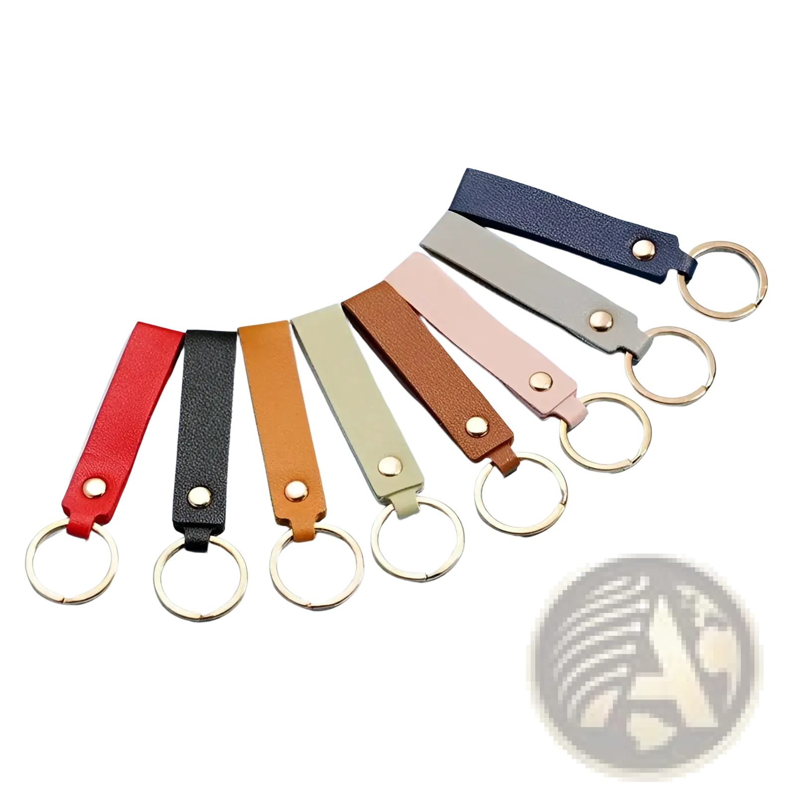A set of colorful pu leather keychains with metal keyrings in red black orange beige brown pink gray and navy blue