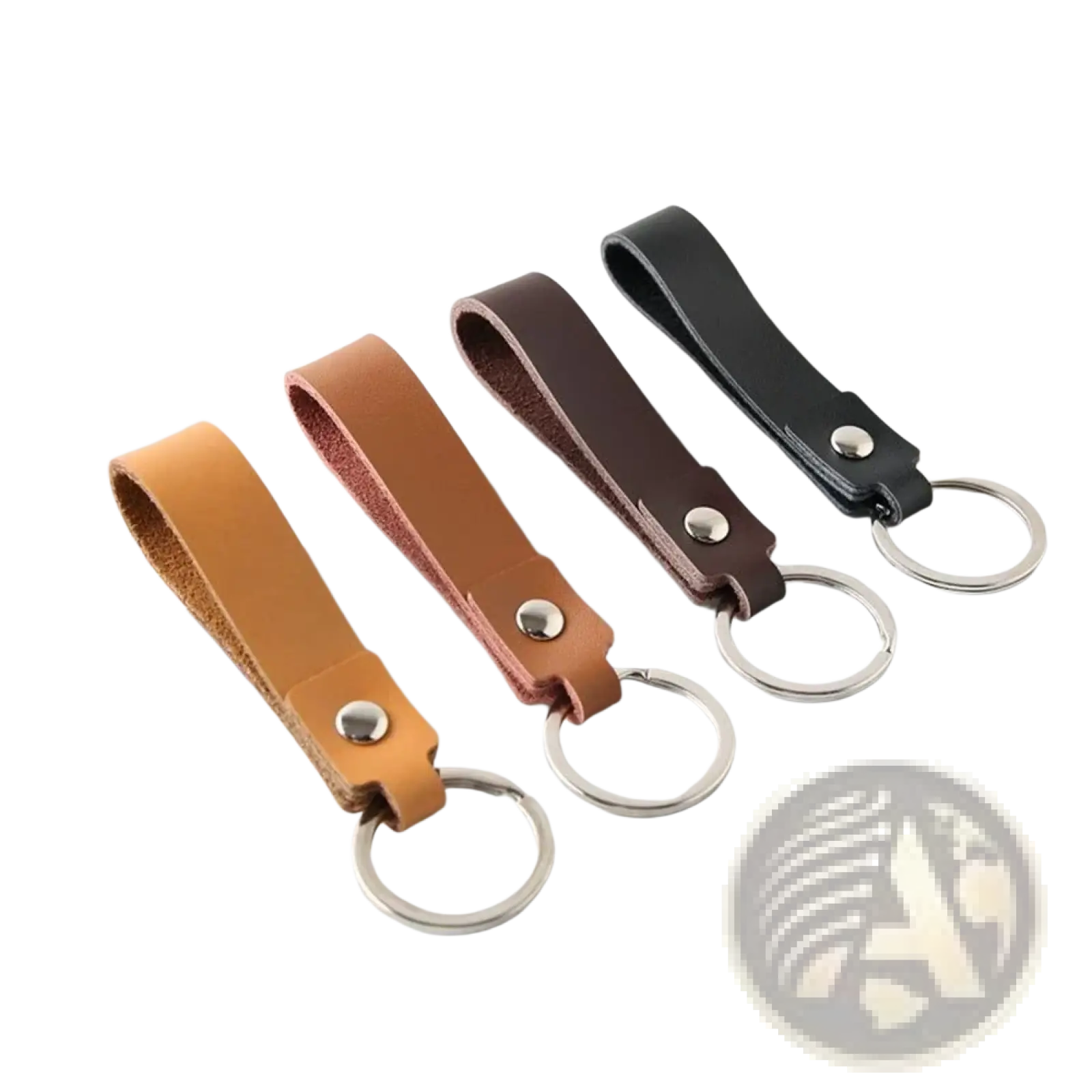 Set of four minimalist pu leather keychains in tan brown and black with silver metal keyrings for fashion use