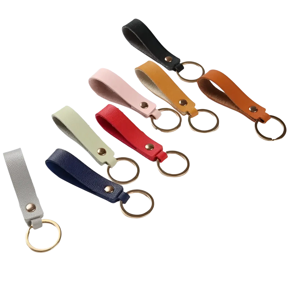 Set of six colorful pu leather keychains with gold-toned metal rings and rivets for fashion metal keyring use