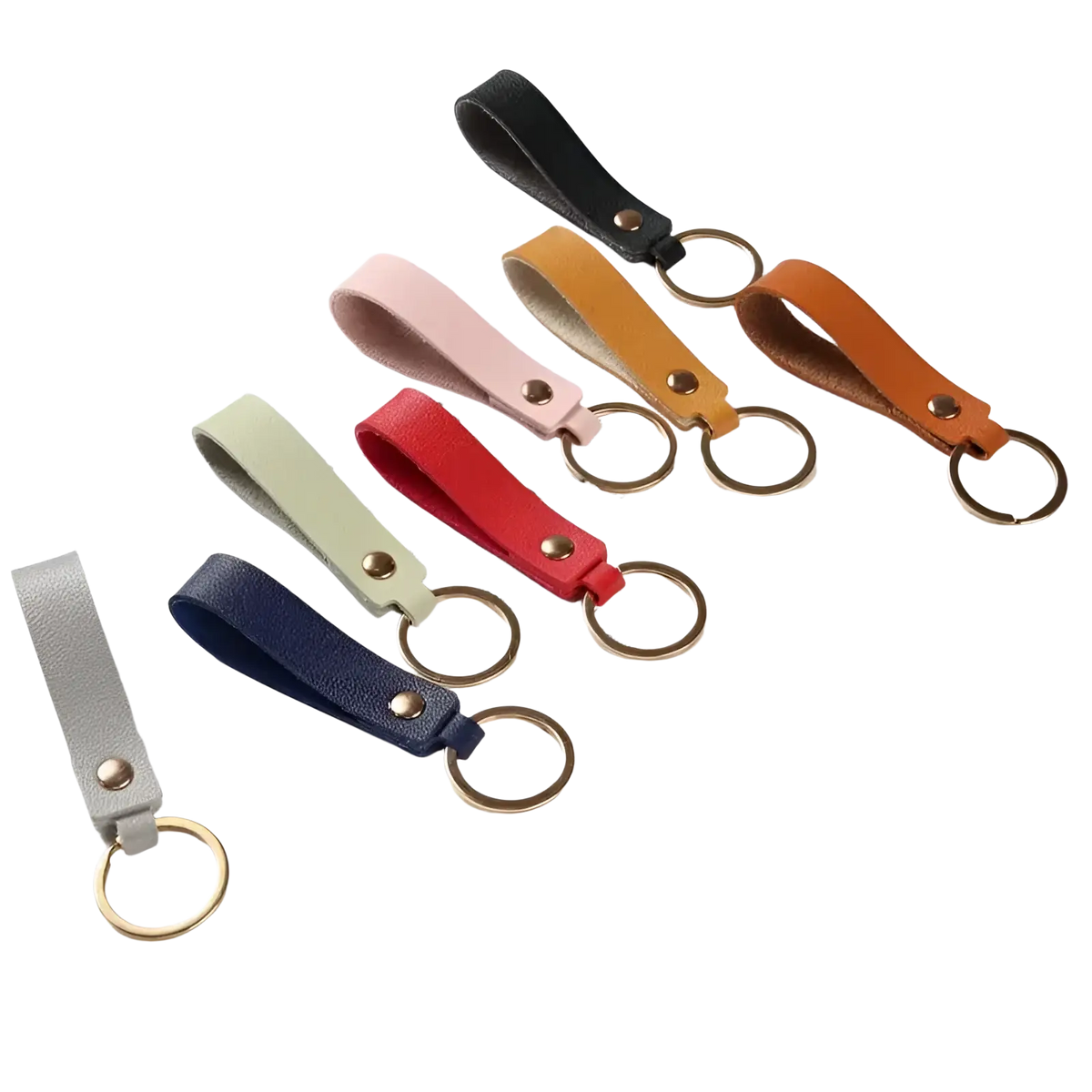 Set of six colorful pu leather keychains with gold-toned metal rings and rivets for fashion metal keyring use