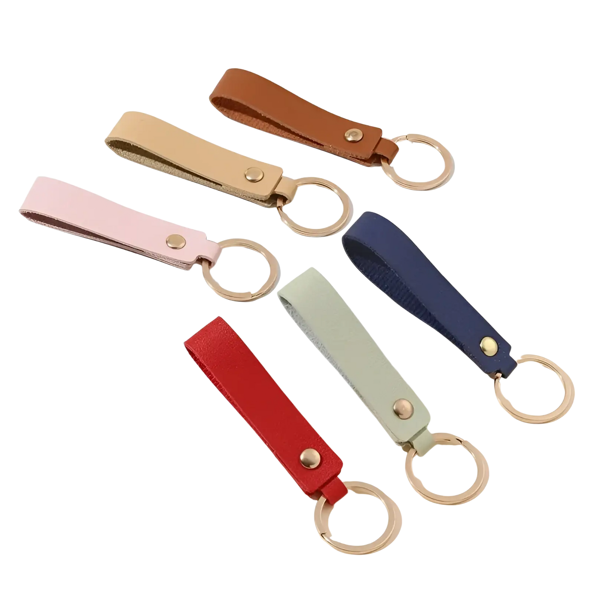 Set of six colorful pu leather keychains with gold-toned metal rings and snap buttons for stylish key organization