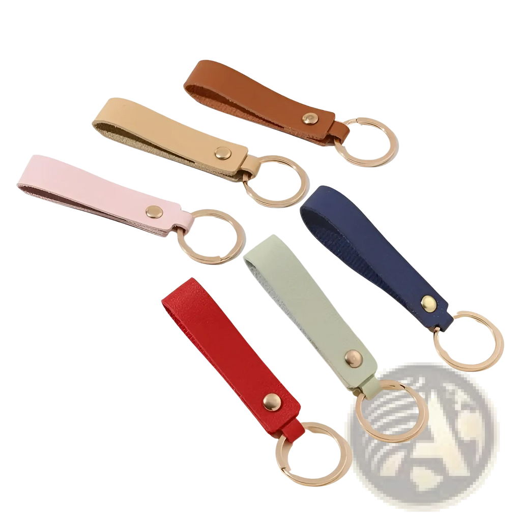 Set of six colorful pu leather keychains with gold-toned metal rings and snap buttons for stylish key organization