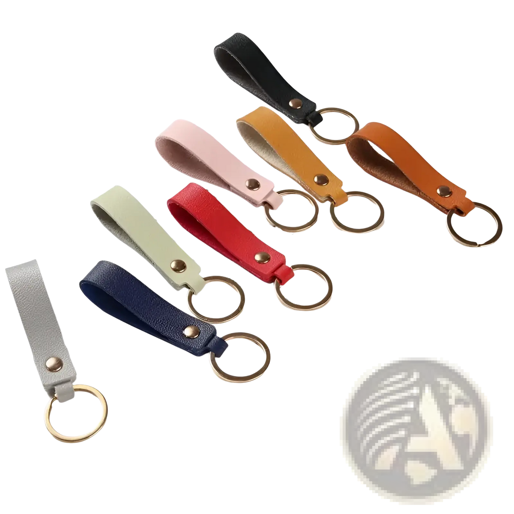 Set of six colorful pu leather keychains with gold-toned metal rings and rivets for fashion metal keyring use