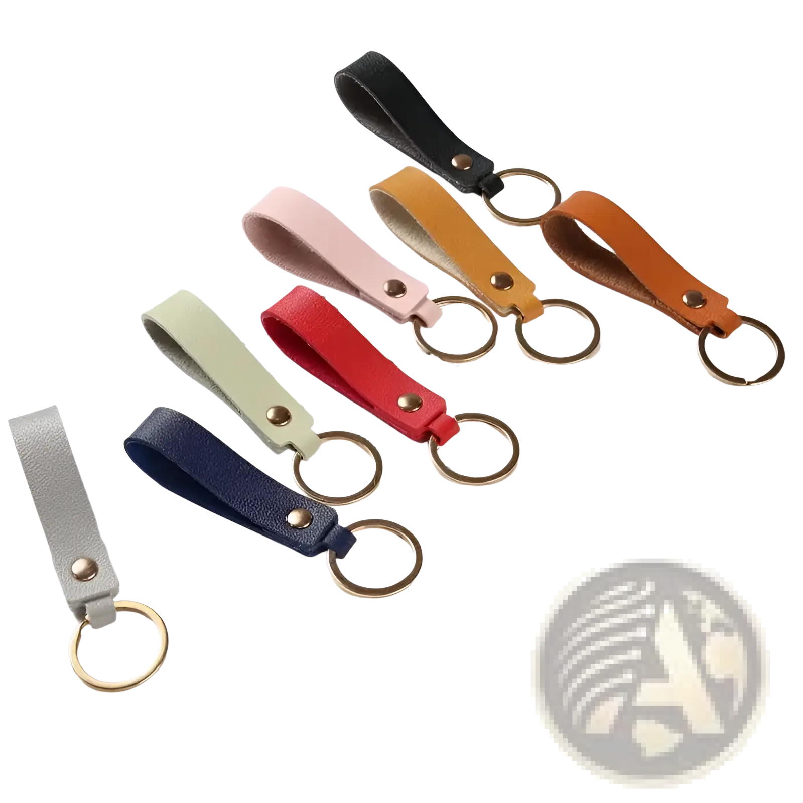 Set of six colorful pu leather keychains with gold-toned metal rings and rivets for fashion metal keyring use