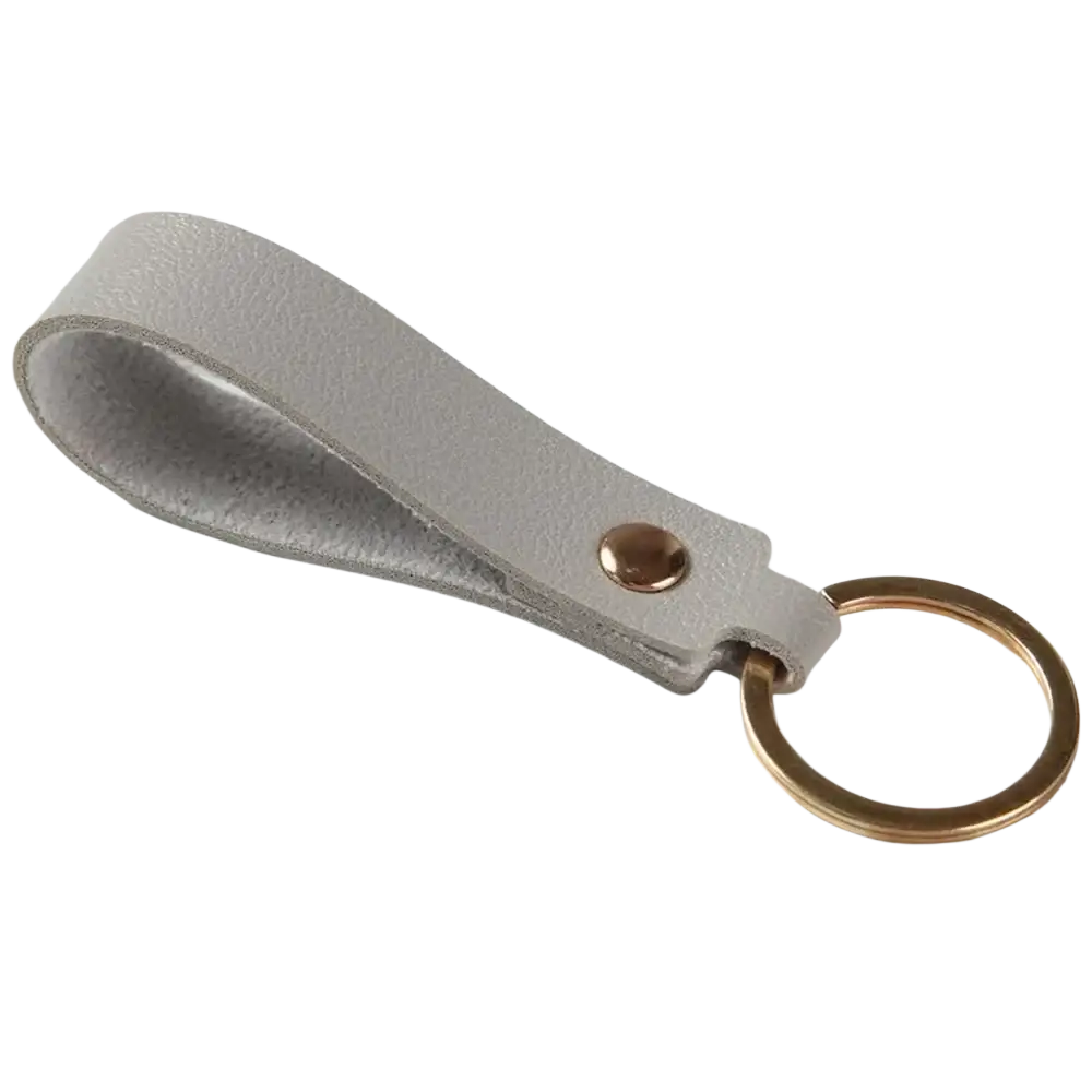 A sleek light gray pu leather keychain with gold-toned metal ring and matching button fastening for keys
