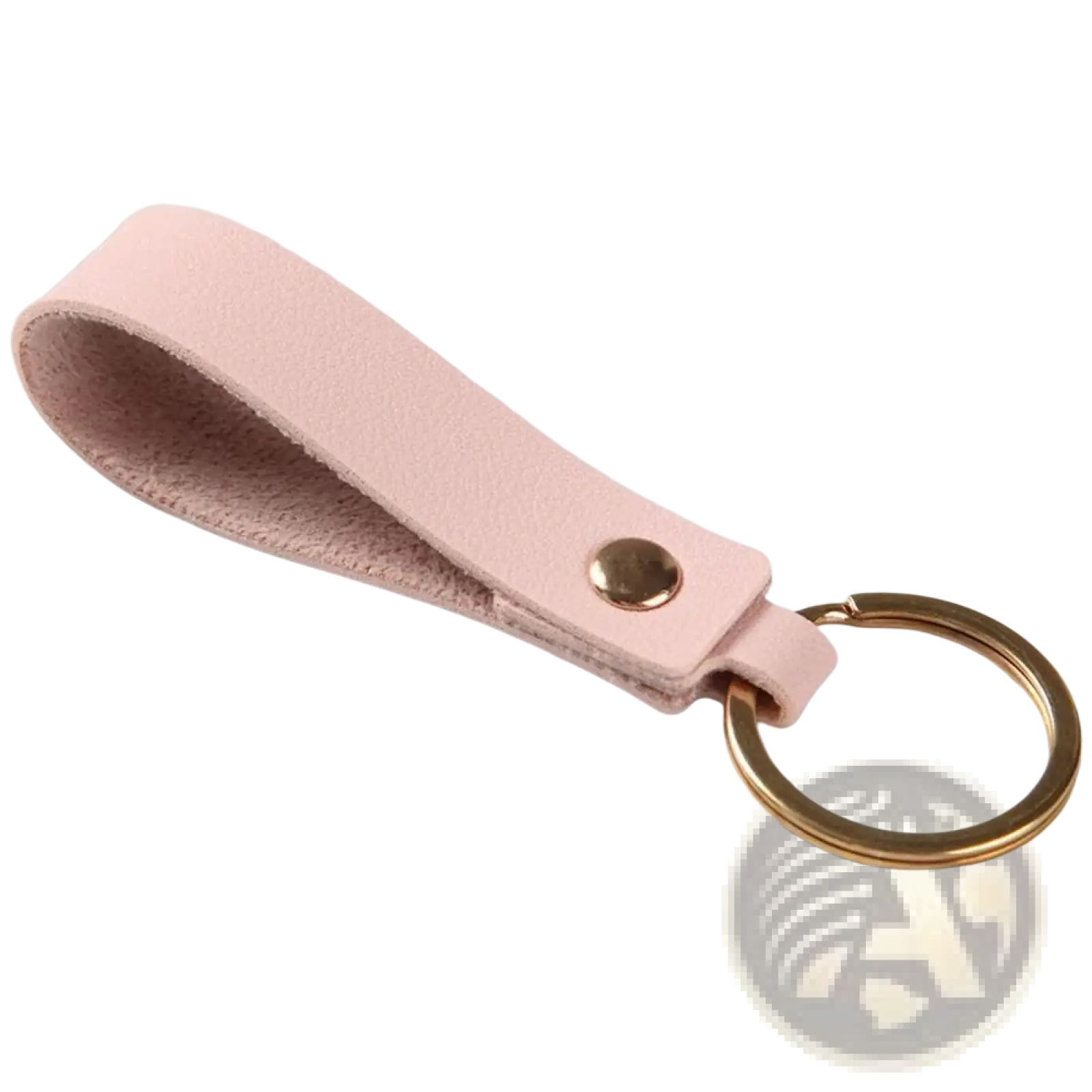 A soft pink pu leather keychain with a gold-toned metal ring and snap button for secure key organization