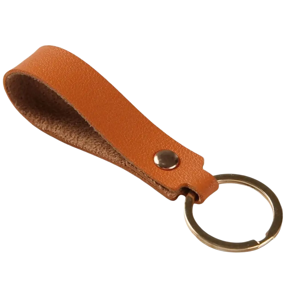Tan pu leather keychain with brass ring and metal snap for fashion and durable keyring use
