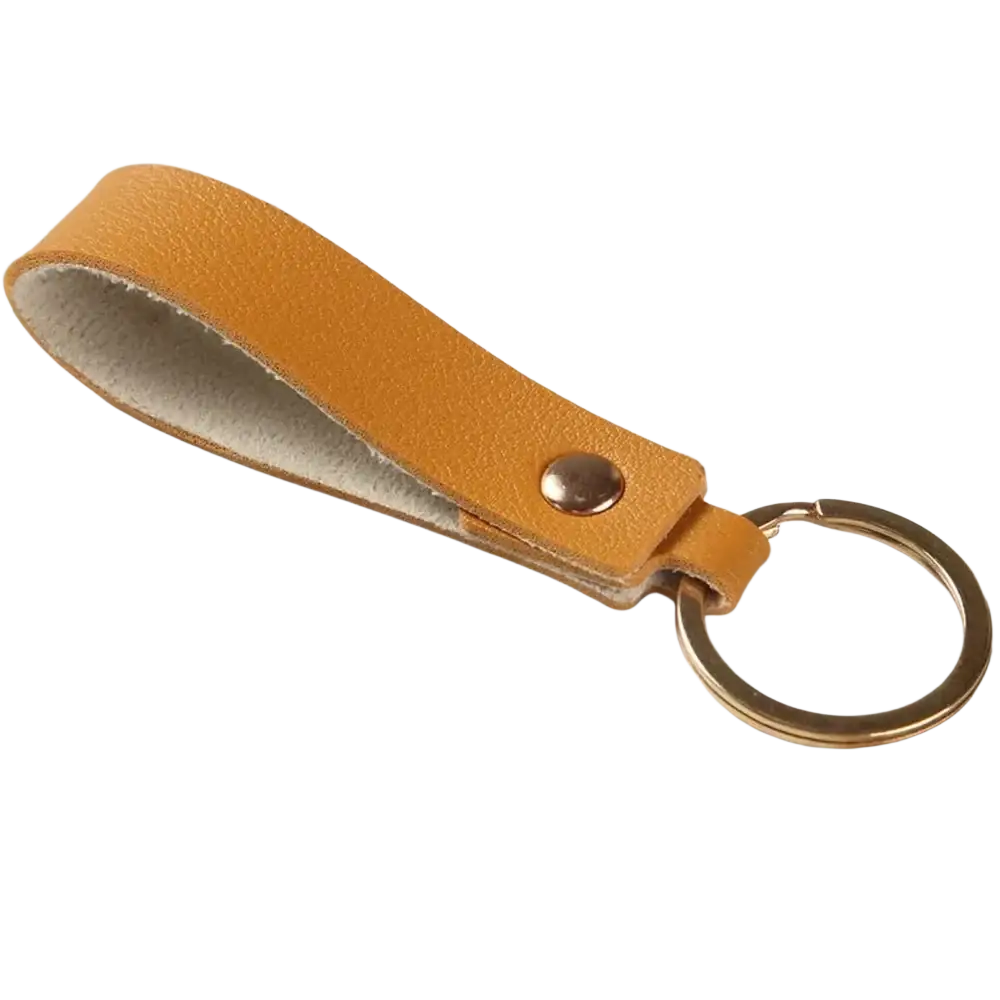 Tan pu leather keychain with gold-toned metal ring and snap button fashion metal keyring for everyday use