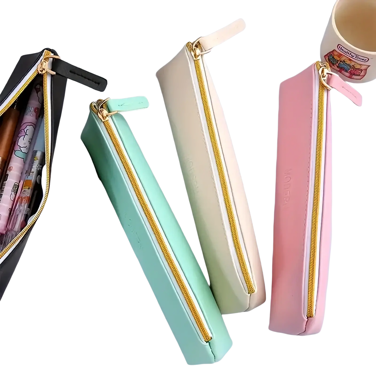 Pu leather large capacity pencil cases in pastel colors with gold zippers and matching pull tabs for organized storage