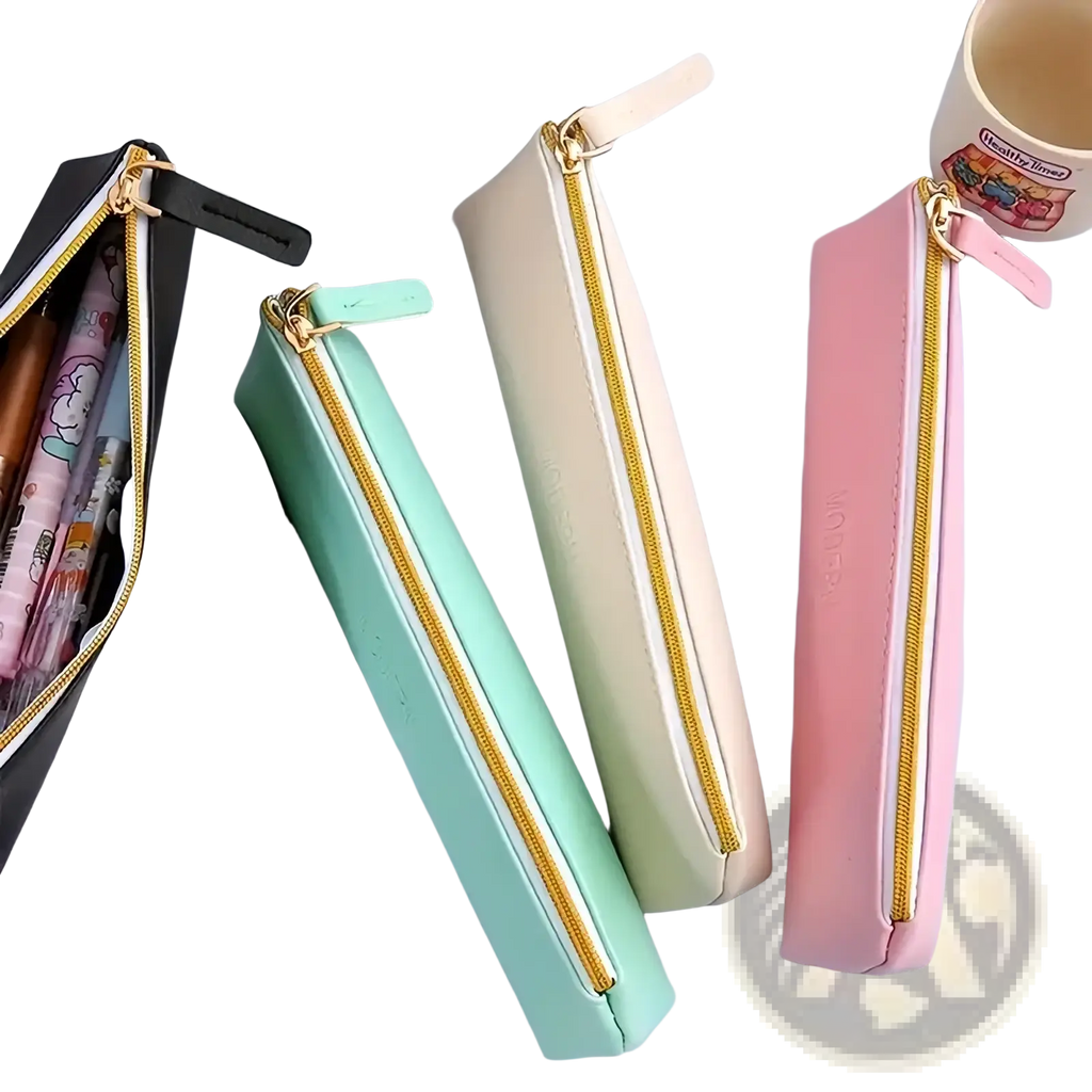 Pu leather large capacity pencil cases in pastel colors with gold zippers and matching pull tabs for organized storage