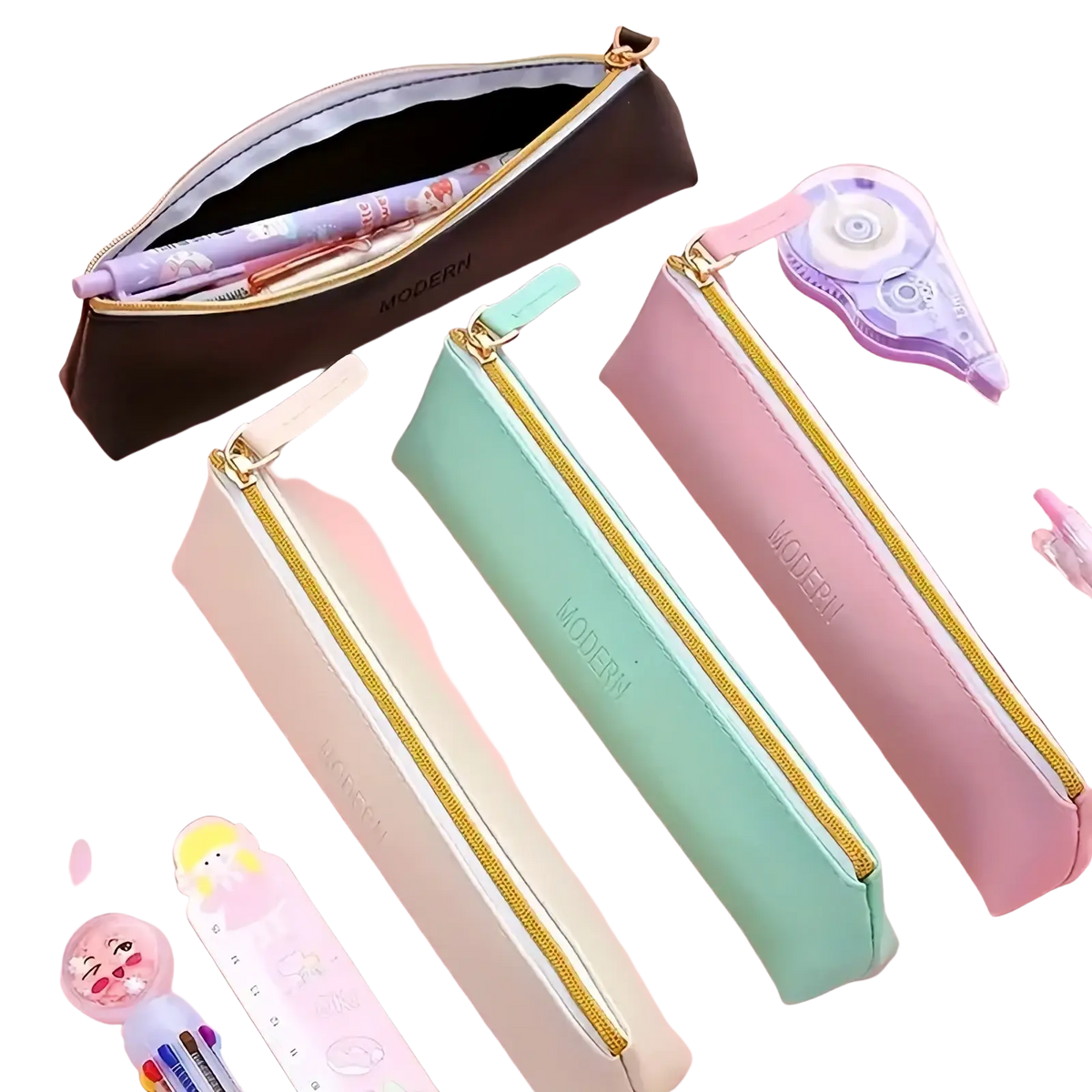 Pu leather large capacity pastel pencil case with gold zipper and modern embossed design in rectangular shape
