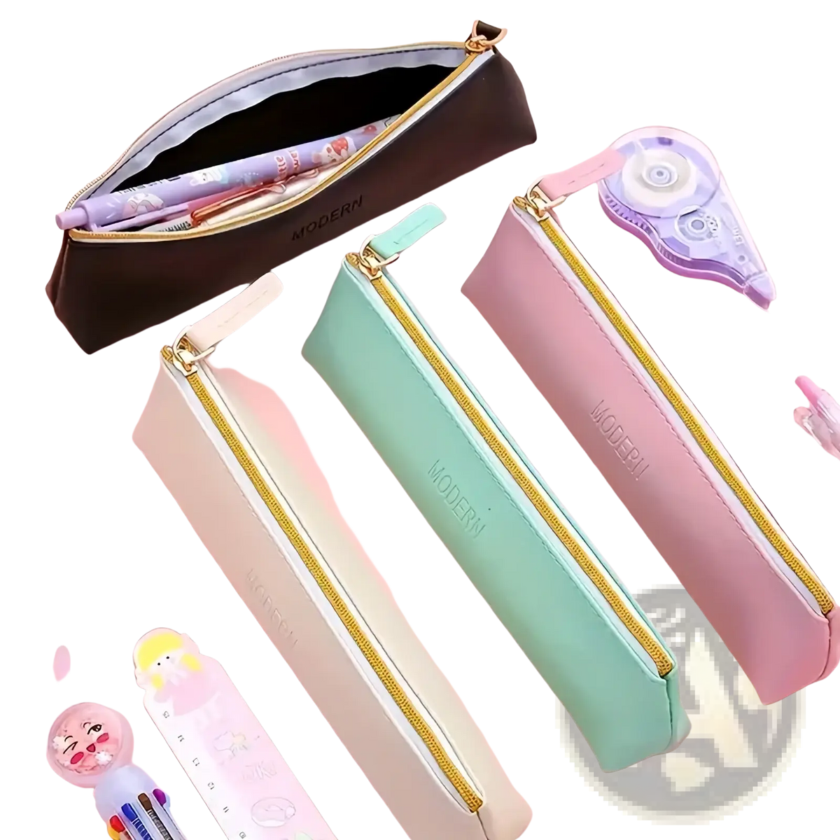 Pu leather large capacity pastel pencil case with gold zipper and modern embossed design in rectangular shape