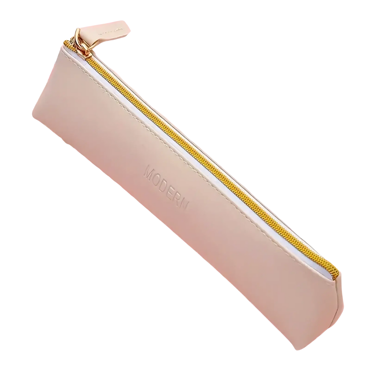 Cream-colored pu leather pencil case with gold zipper embossed modern branding large capacity pastel design