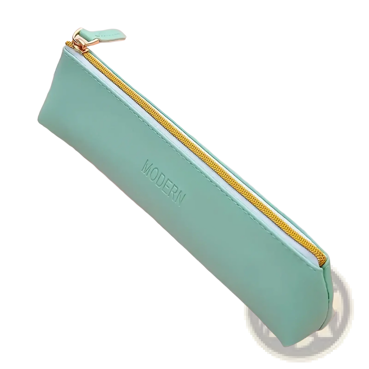 Mint green pu leather large capacity pencil case with gold zipper and modern embossed in silver lettering