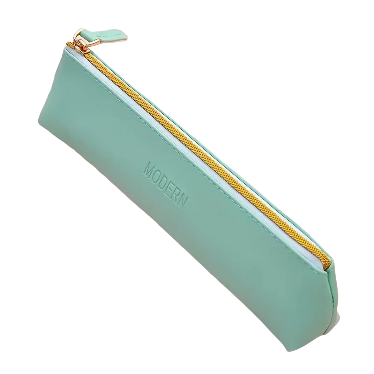 Mint green pu leather large capacity pencil case with gold zipper and modern embossed in silver lettering