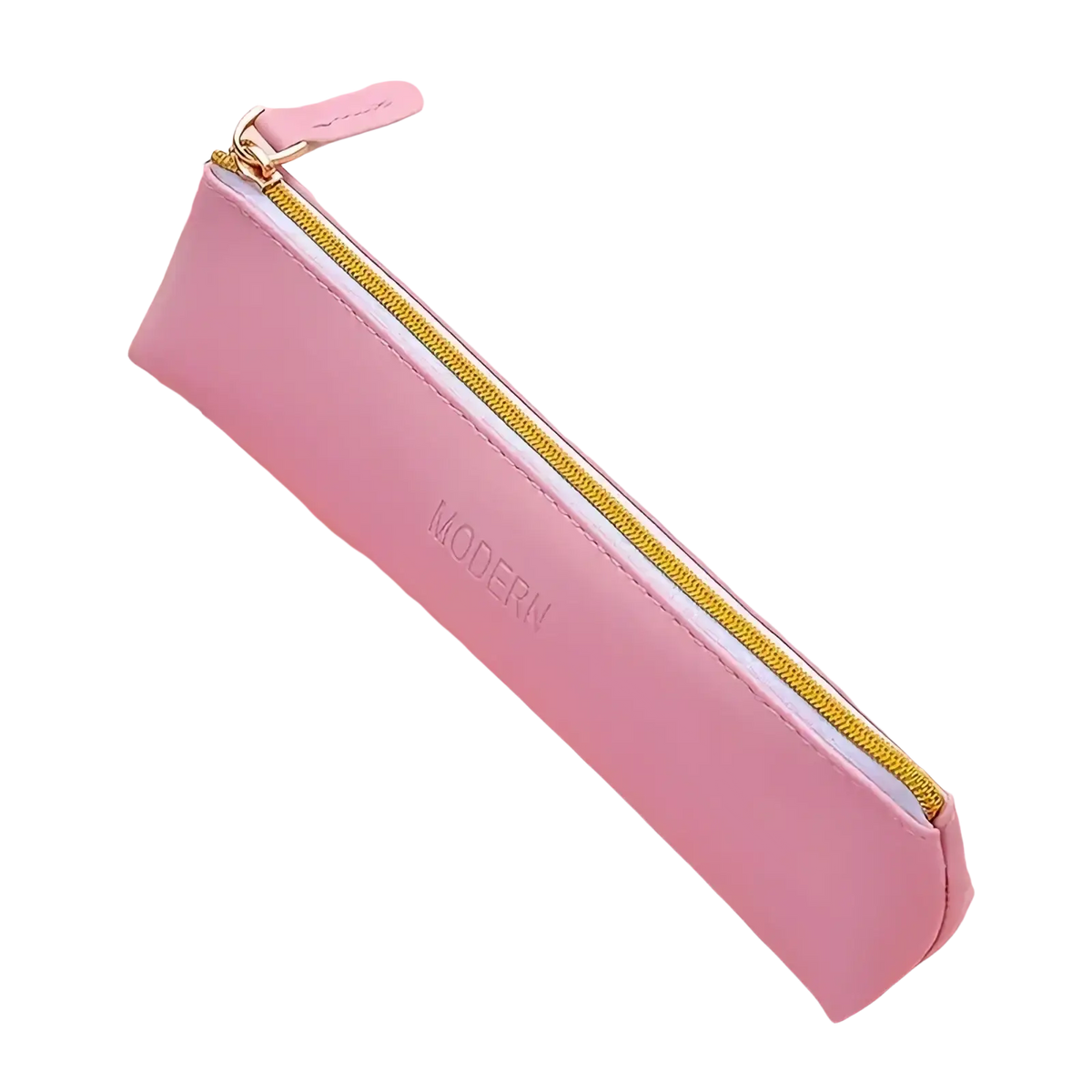 Pink pu leather large capacity pastel pencil case with gold zipper and modern embossed in silver on front side