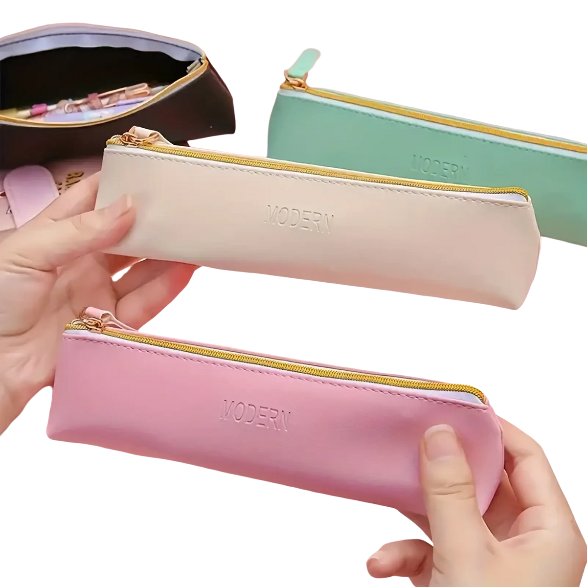 Pu leather large capacity pastel pencil cases in pink and cream with gold zippers and modern brand embossing