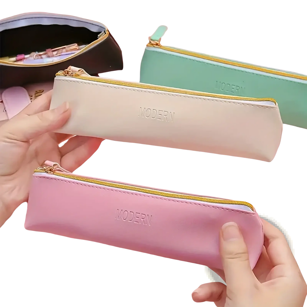 Pu leather large capacity pastel pencil cases in pink and cream with gold zippers and modern brand embossing