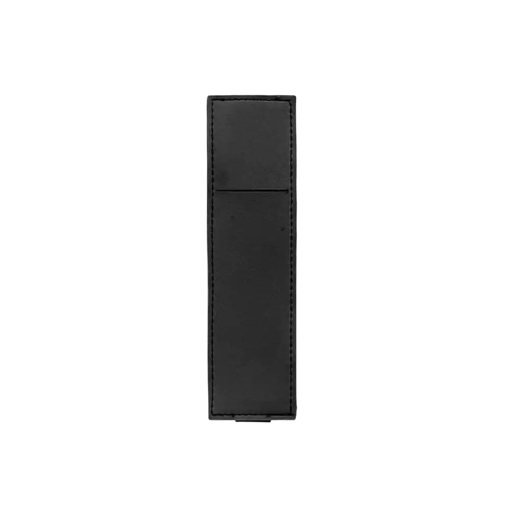 Black leather pu notebook pen case with sleek minimalist design and precise stitching along edges with elastic strap holder