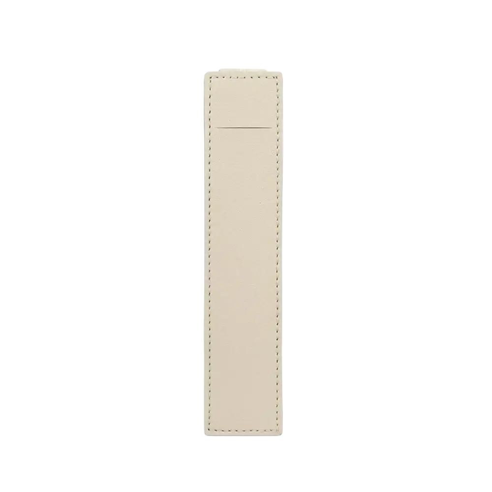 Cream-colored pu leather bookmark with stitched edges and elastic strap holder for notebook pen case use