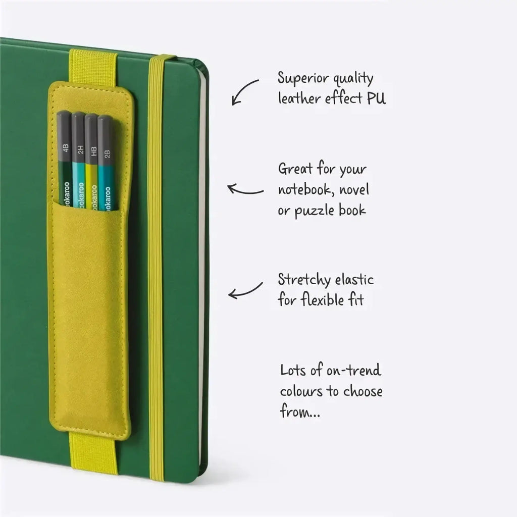 Green pu leather notebook with a yellow elastic pen holder strap designed for secure pen storage