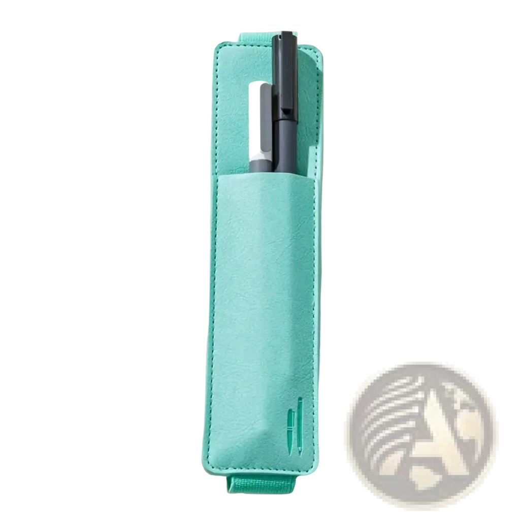 Mint green pu leather notebook pen case with elastic strap holder containing two pens