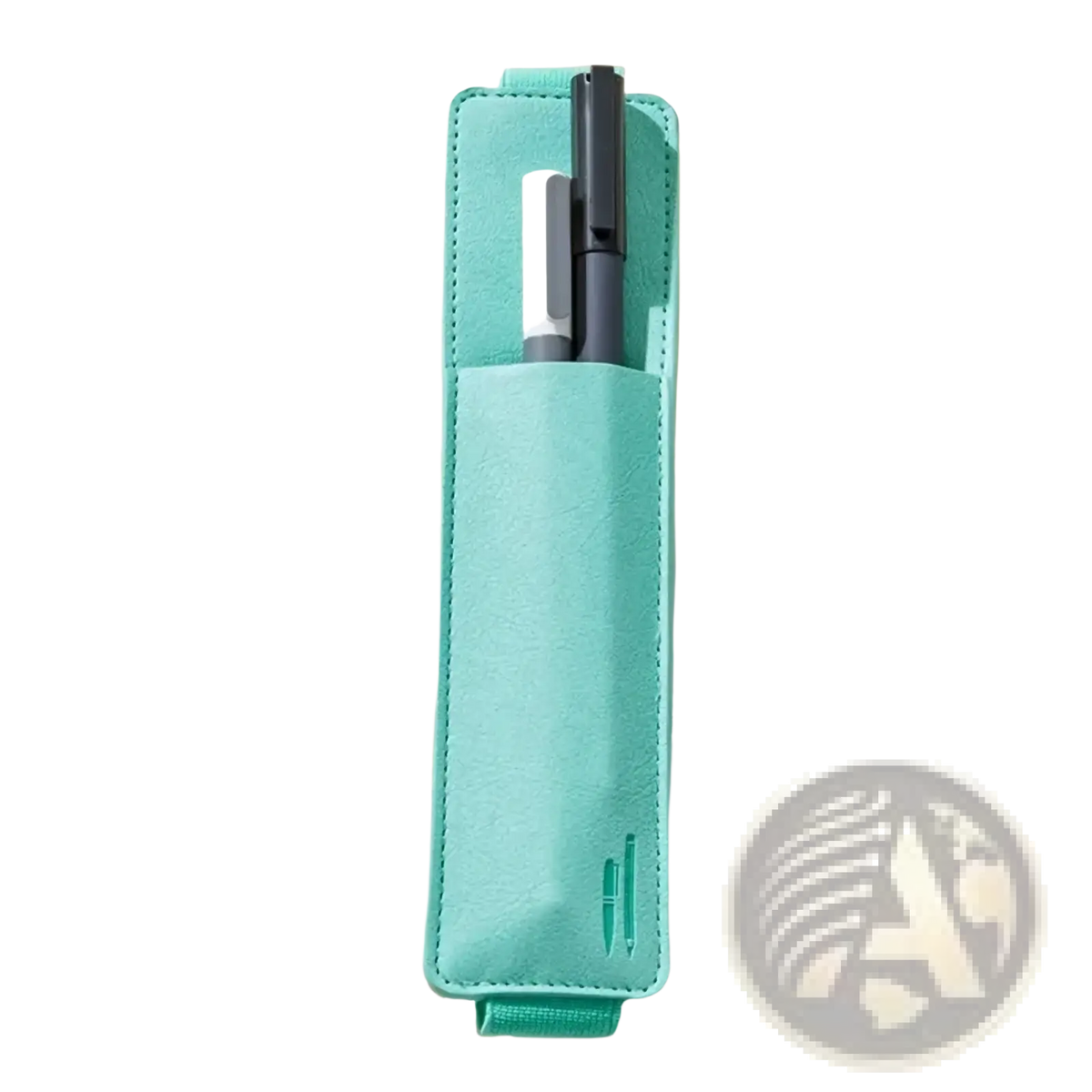 Mint green pu leather notebook pen case with elastic strap holder containing two pens