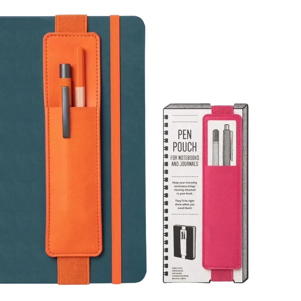 Orange pu leather pen pouch with elastic strap attached to teal notebook for secure pen storage and carrying