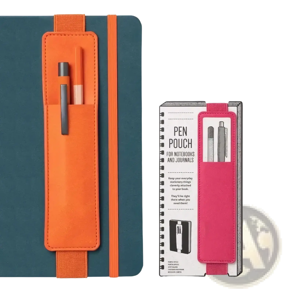 Orange pu leather pen pouch with elastic strap attached to teal notebook for secure pen storage and carrying