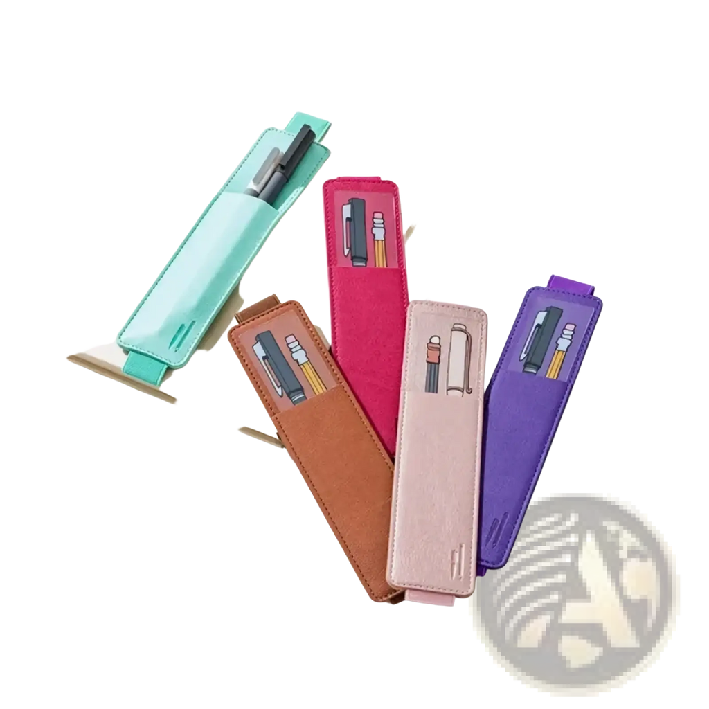 Pastel-colored pu leather notebook pen case elastic strap holders in mint coral tan blush pink and purple with textured finish
