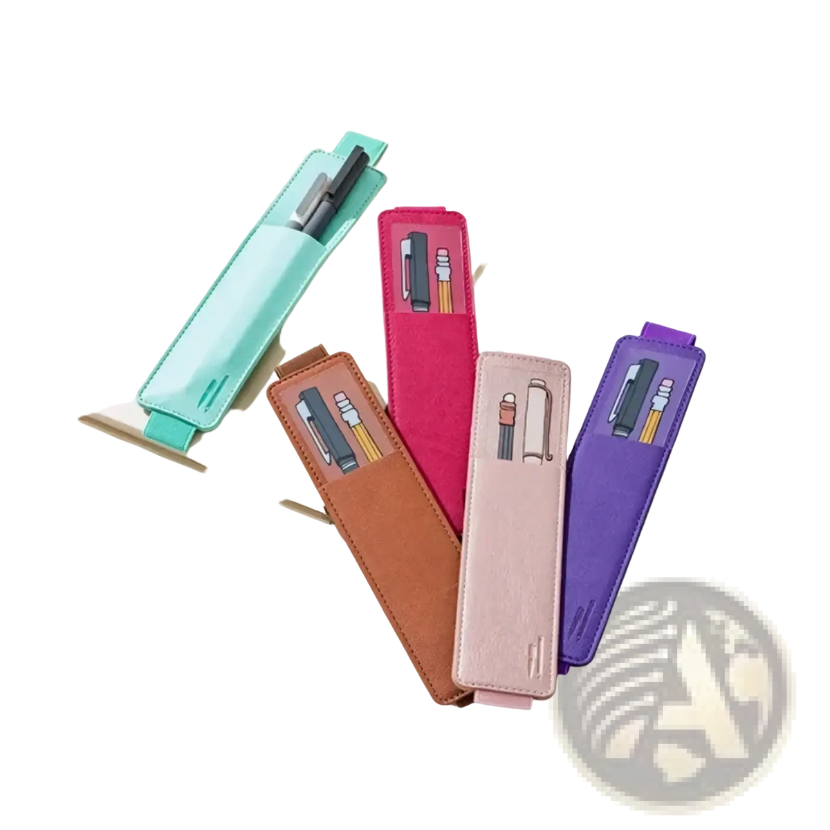 Pastel-colored pu leather notebook pen case elastic strap holders in mint coral tan blush pink and purple with textured finish