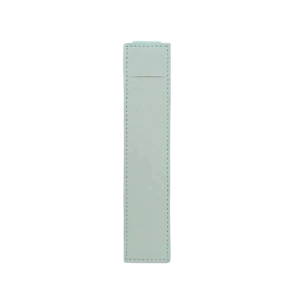 A sleek mint green pu leather bookmark with precise stitching featured in a notebook pen case elastic strap holder