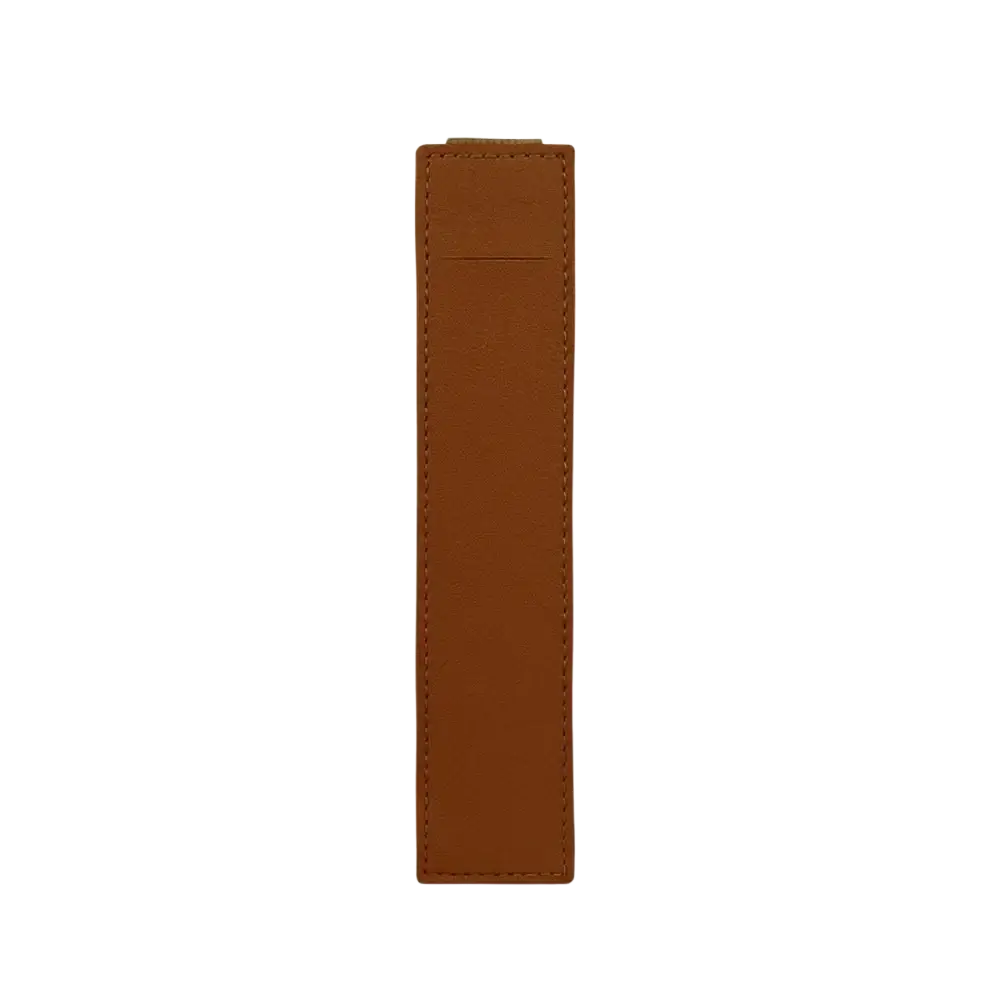 Pu leather notebook pen case elastic strap holder with sleek tan leather bookmark featuring precise stitching and crease