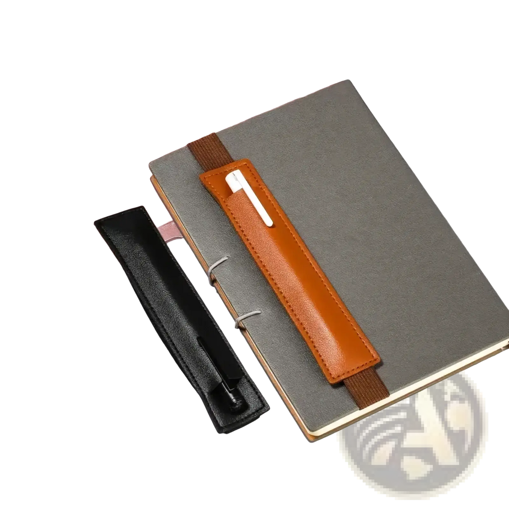Tan pu leather notebook pen case with elastic strap and silver toned metal fasteners for secure holding