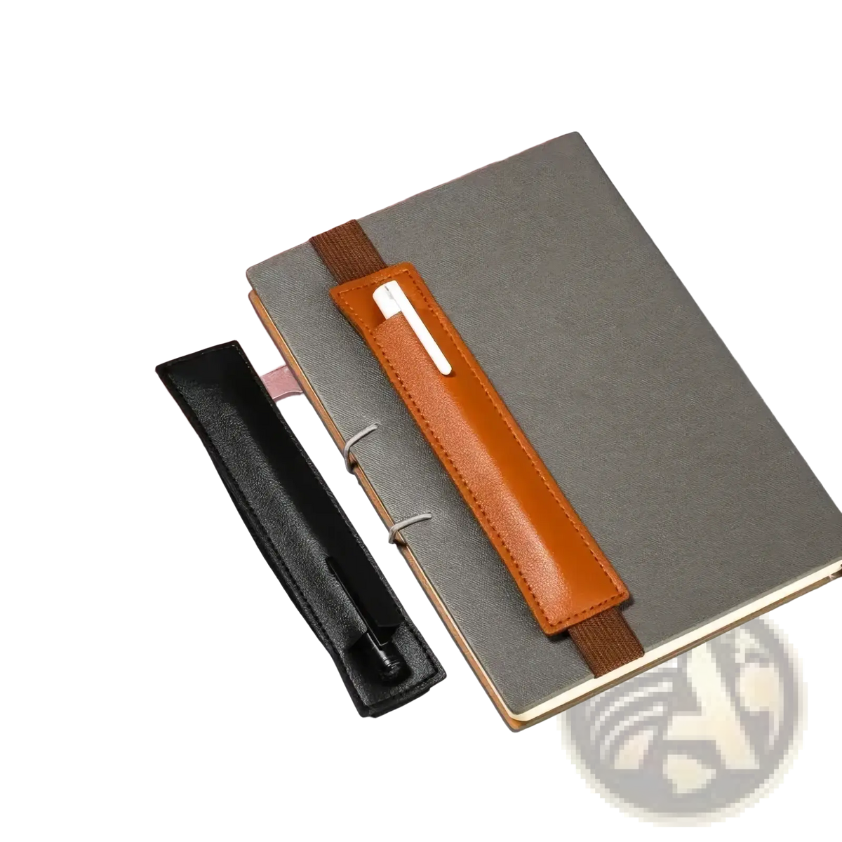 Tan pu leather notebook pen case with elastic strap and silver toned metal fasteners for secure holding