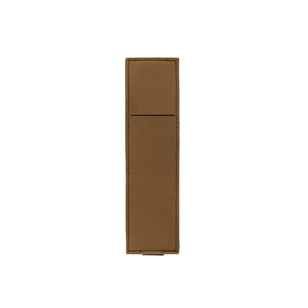 Tan leather pu notebook pen case with minimalist design and precise stitching along edges and elastic strap holder
