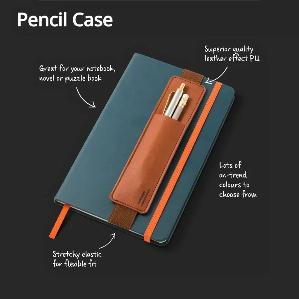 Teal and orange pu leather notebook pen case with brown pocket and elastic strap holding pens