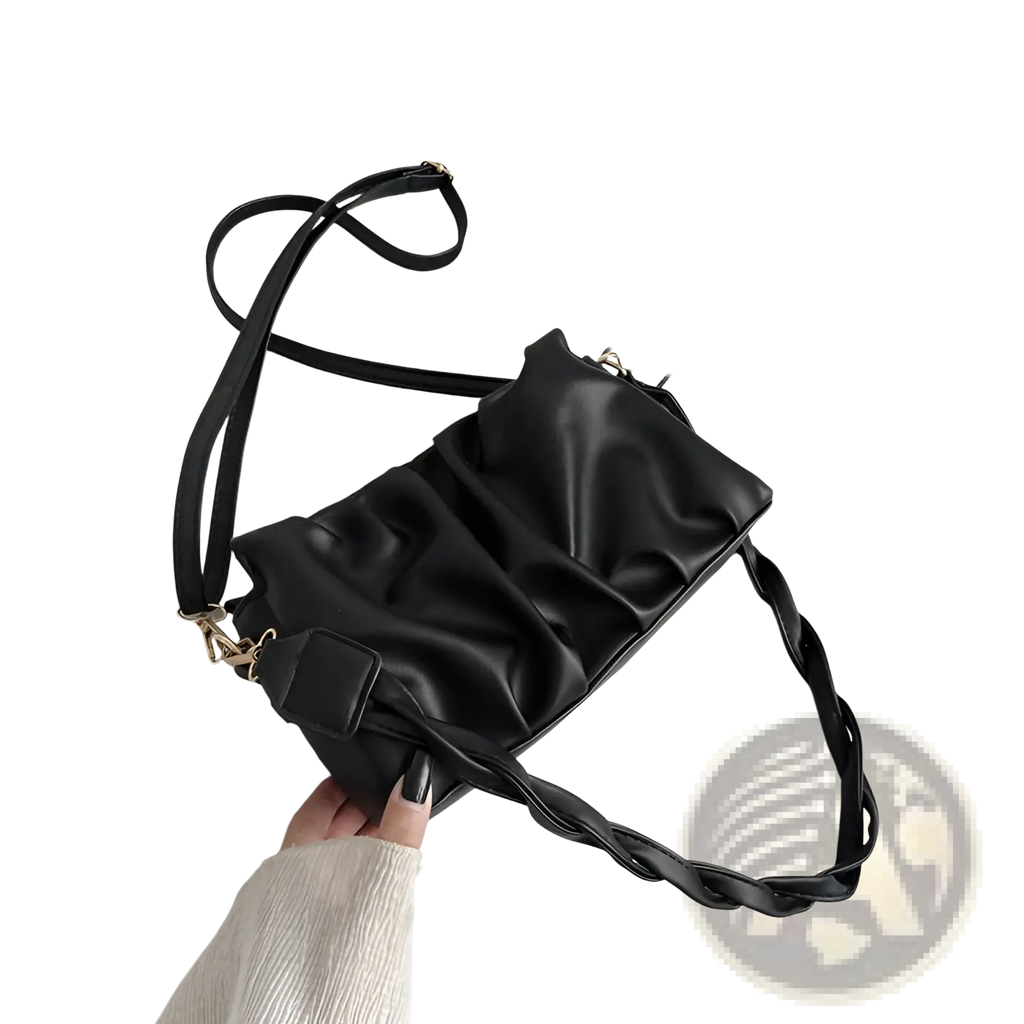 Black pu leather pleated crossbody bag for women with braided strap and gold-tone hardware