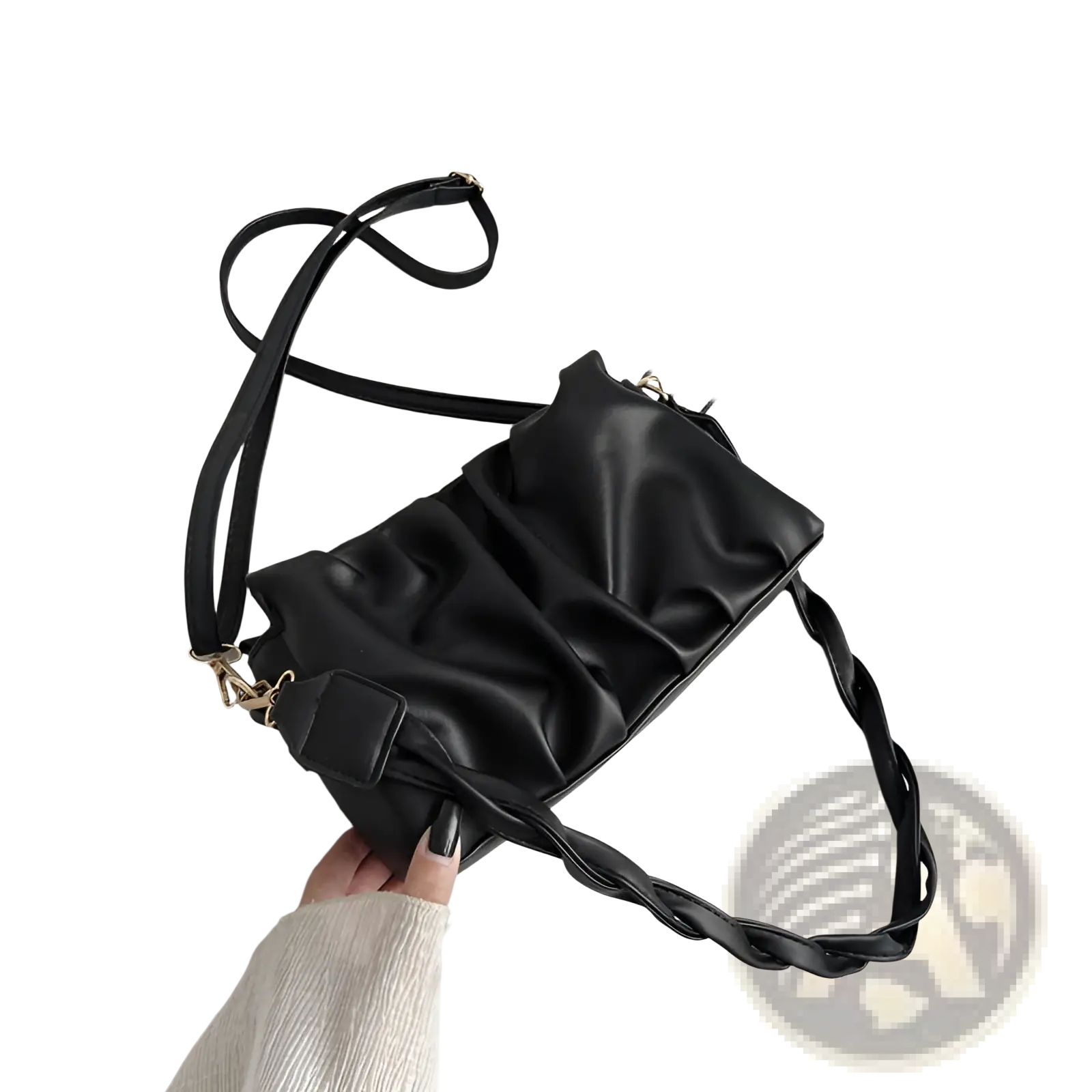 Black pu leather pleated crossbody bag for women with braided strap and gold-tone hardware