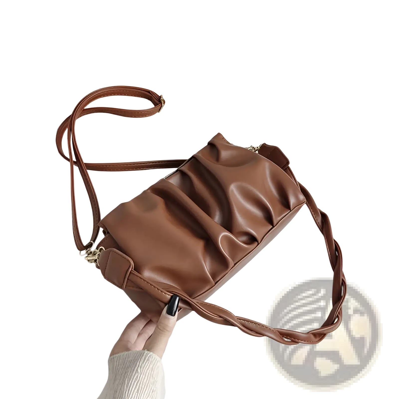 Brown pu leather pleated crossbody bag for women with braided strap and gold tone hardware