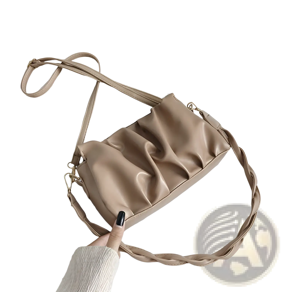 Beige pu leather pleated crossbody bag for women with ruched design and braided strap