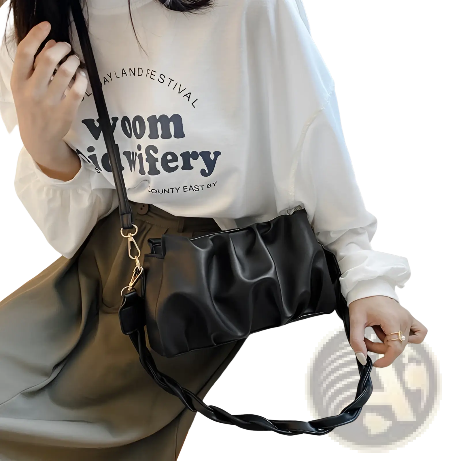 Black pleated pu leather crossbody bag for women with braided strap showcasing its front design and texture