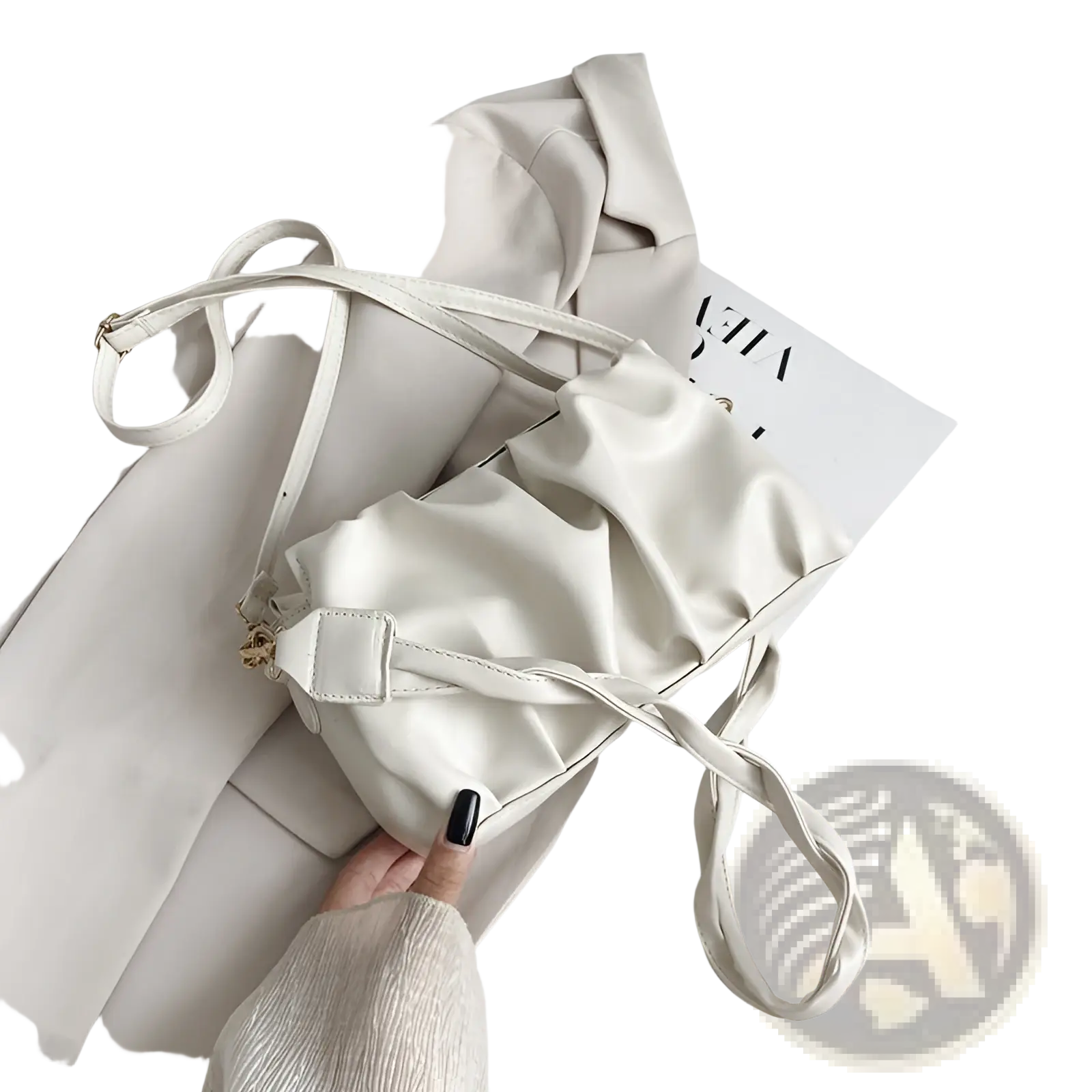 Pu leather pleated crossbody bag for women in off-white soft faux leather with a relaxed slouchy design and adjustable strap