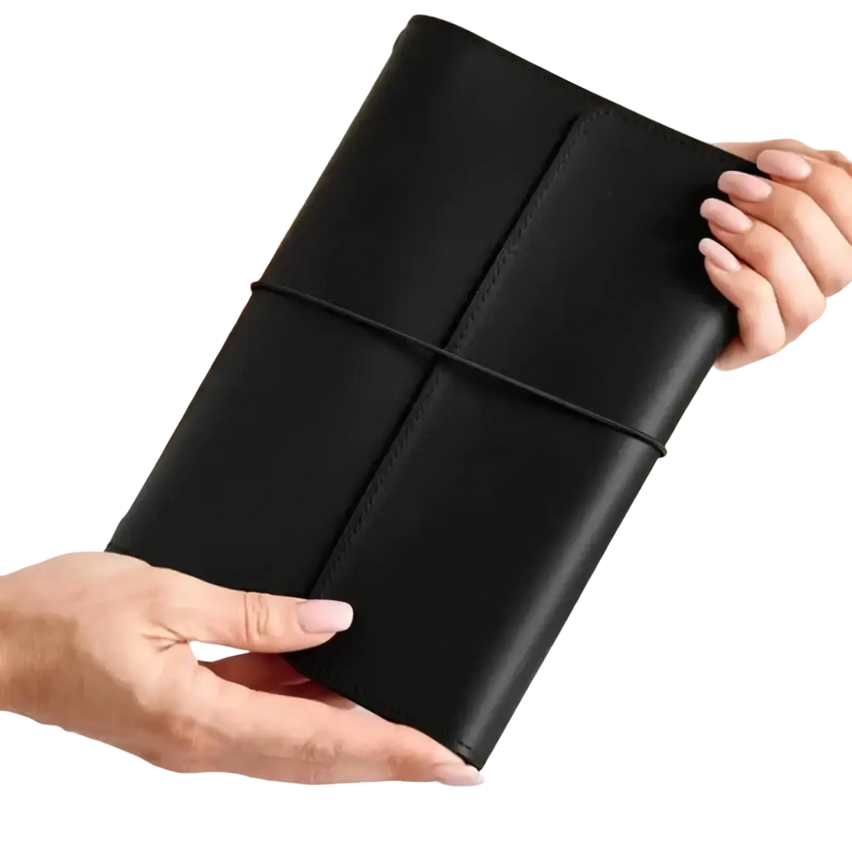 Black leather-bound refillable travel journal cover planner with minimalist design and black cord closure