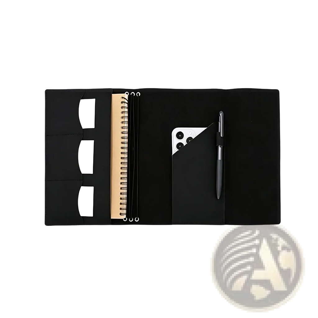 Black pu leather refillable travel journal cover planner with multiple compartments spiral notebook and card slots