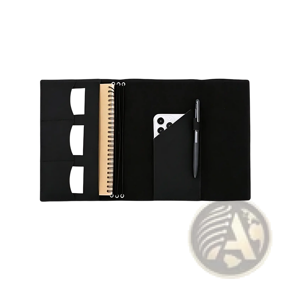 Black pu leather refillable travel journal cover planner with multiple compartments spiral notebook and card slots
