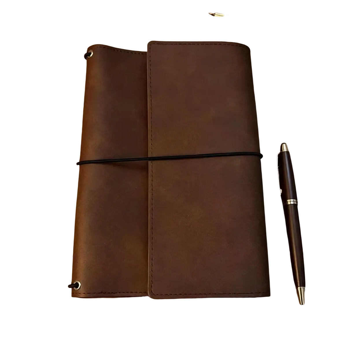 Brown pu leather refillable travel journal cover planner secured with black elastic band on the front side
