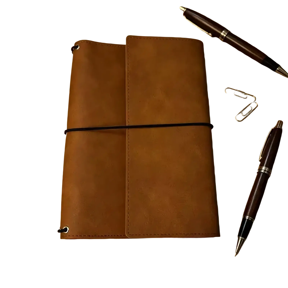 Brown leather-bound pu leather refillable travel journal cover planner with black elastic band and stitched edges