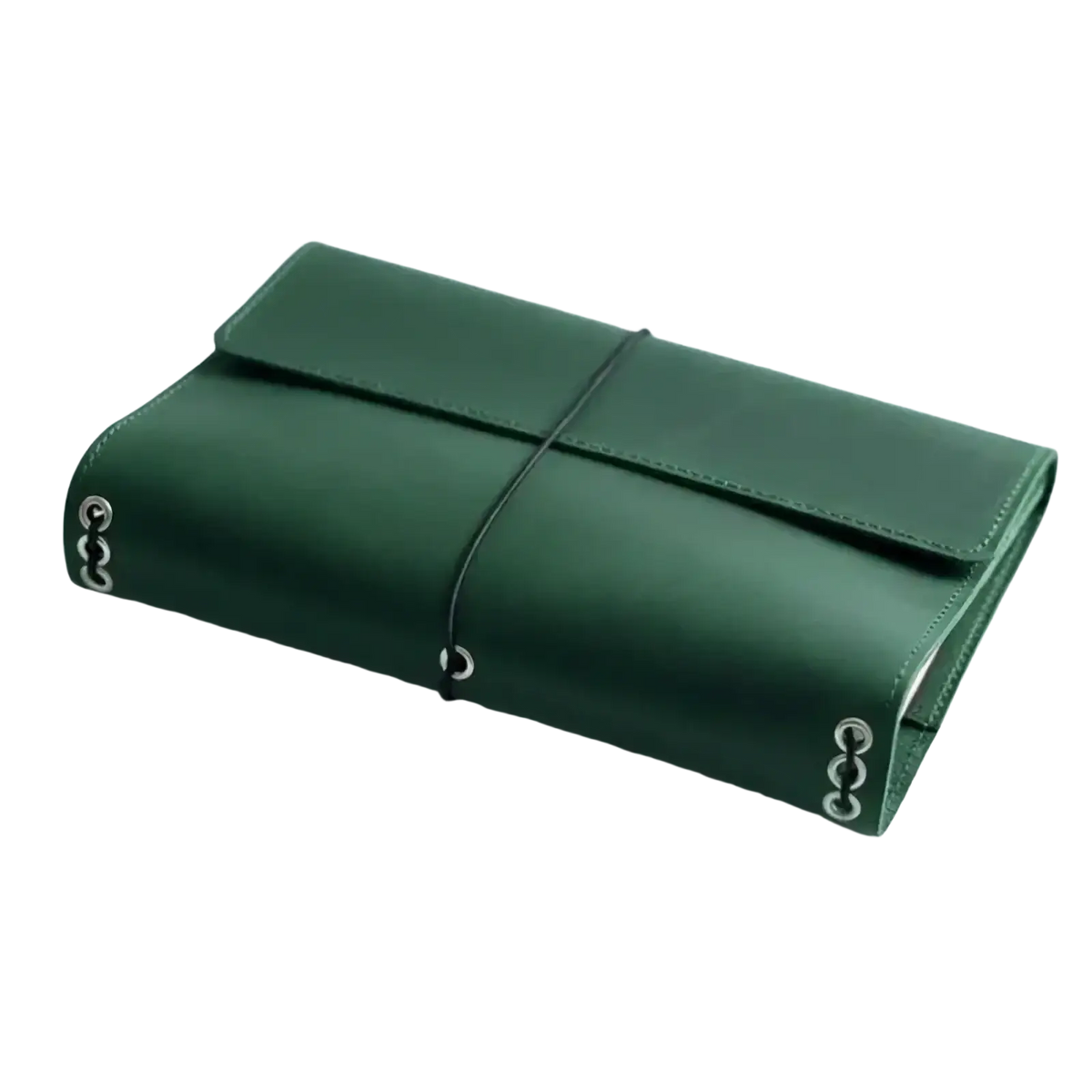 Dark green pu leather refillable travel journal cover planner with silver metal rings and black cord closure