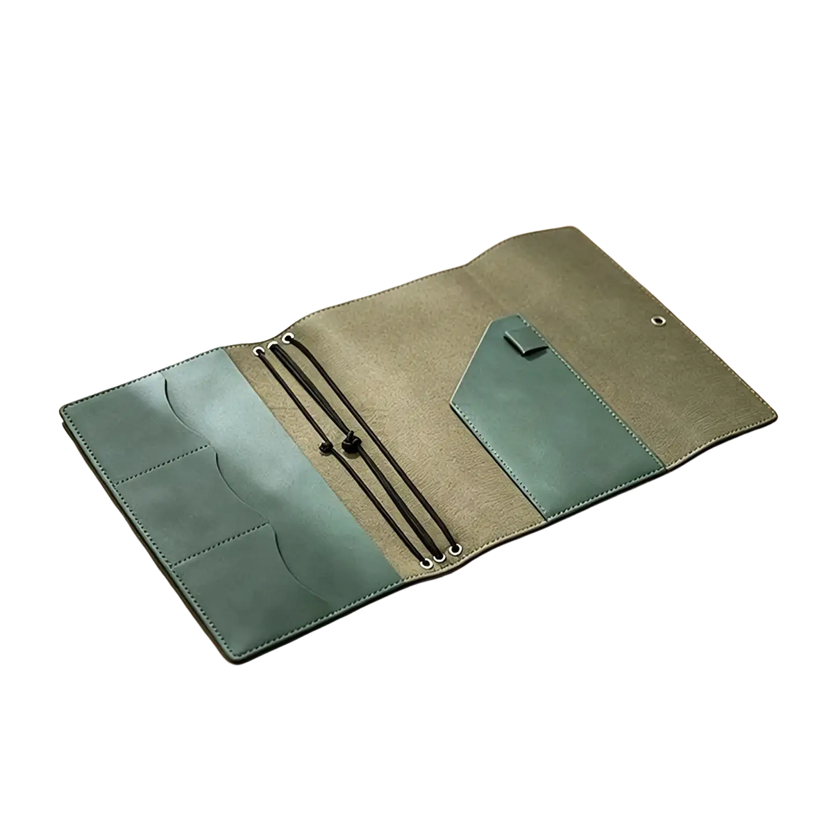 Olive green pu leather refillable travel journal cover planner with multiple card slots and a small pocket